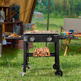 HAOYYE Foldable 2 Burner Gas Griddle Cooking Station with Side Shelves Outdoor Propane Flat Top BBQ Grill Portable Griddle Station for Patio Backyard Camping Tailgating Cookout Heavy Duty Iron Griddle